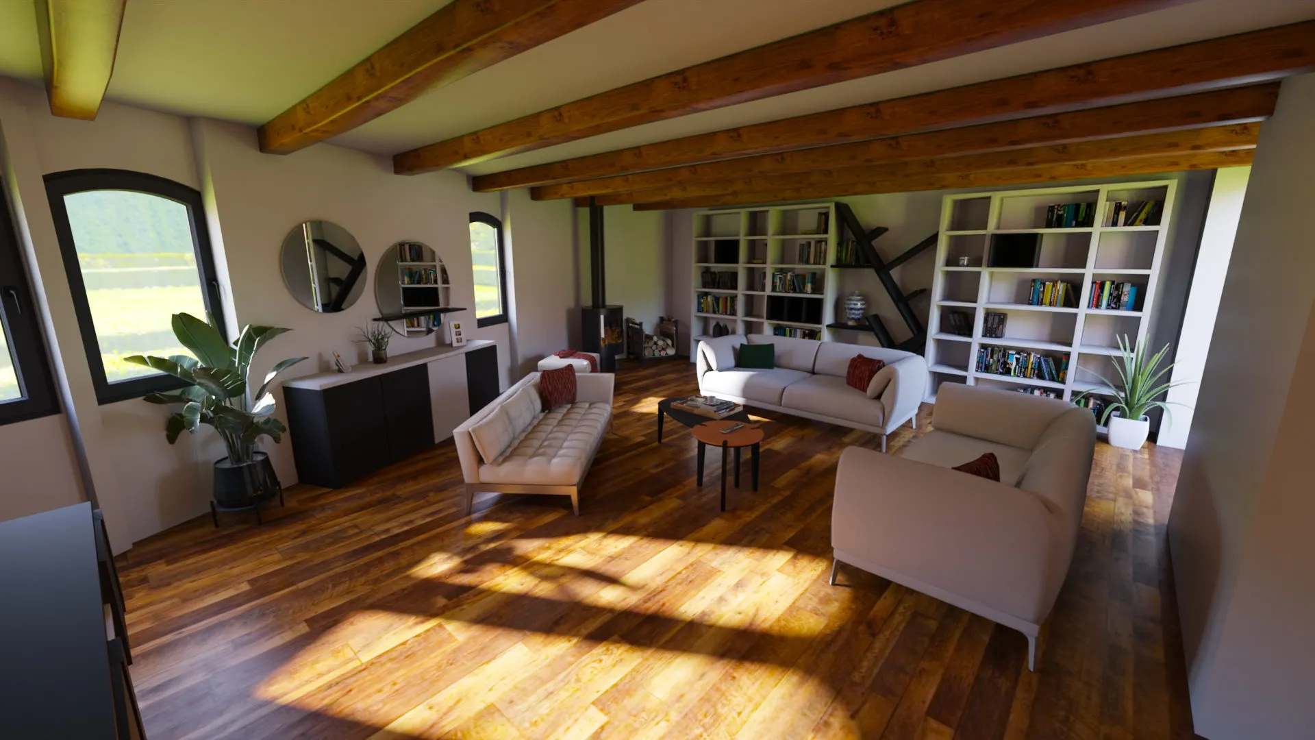 Rendu HD d’un aménagement de séjour en meubles Gautier > Dassault Systèmes